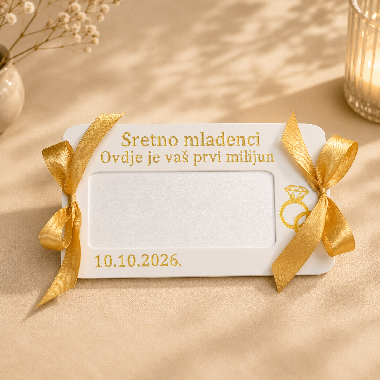 Personalizirana 3D čestitka za novac Tvoj prvi milijun s tekstom za mladence i datumom