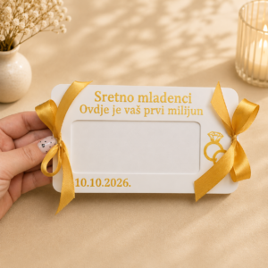 Personalizirana 3D čestitka za novac Tvoj prvi milijun s tekstom za mladence i datumom