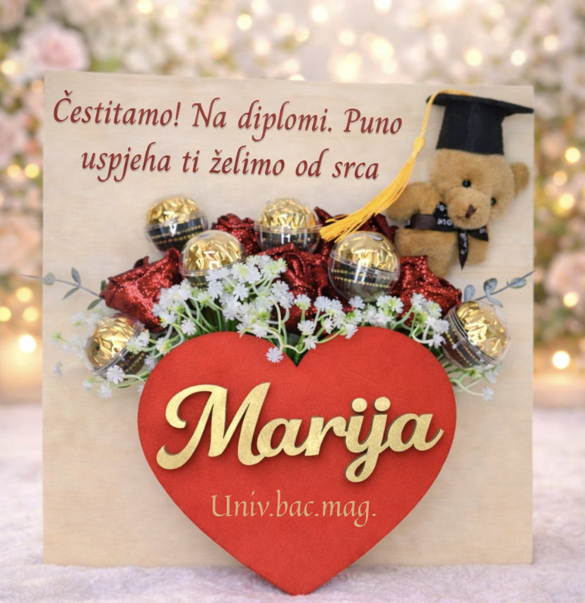 Poklon za diplomu – dekorativno srce s medom, čestitkom i imenom Marija