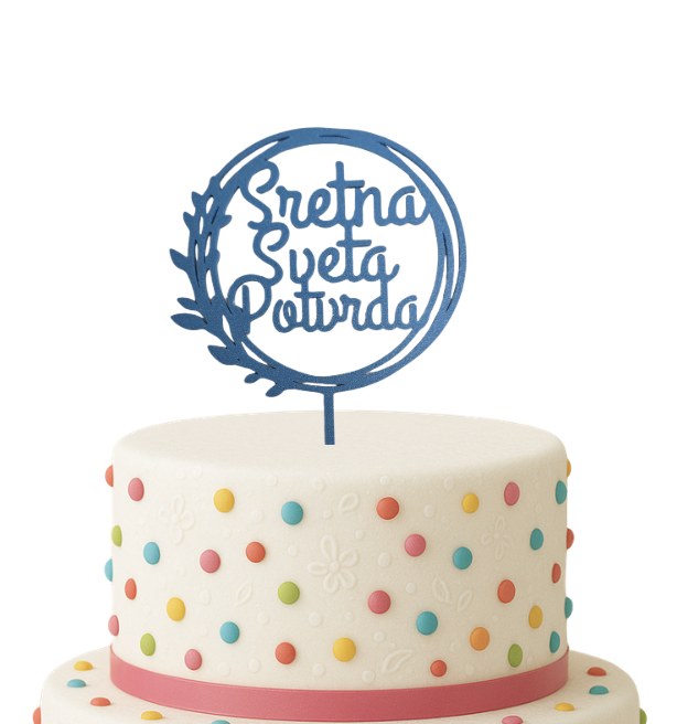 3D printani toper za tortu Sretna Sveta Potvrda u plavoj boji za krizmu