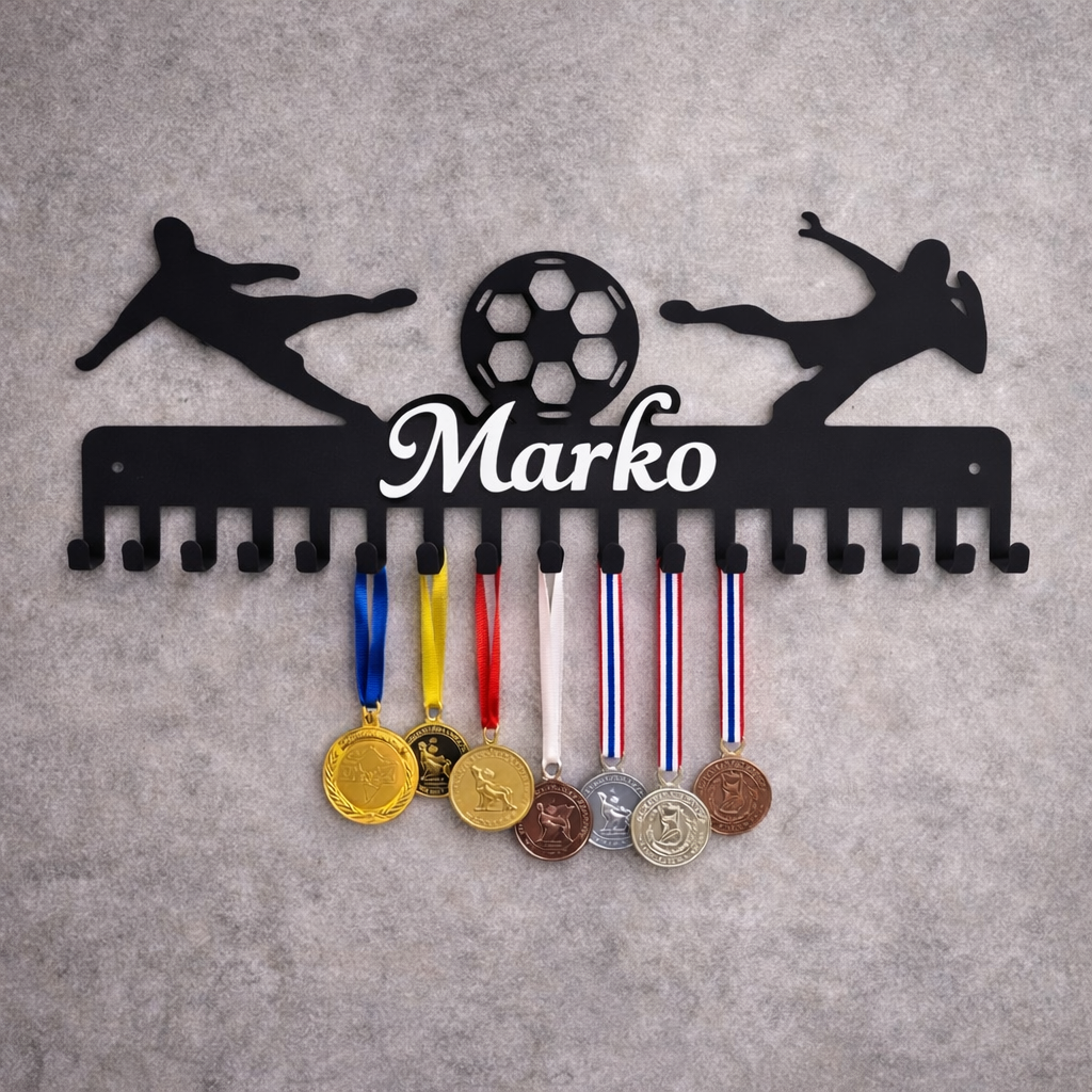 personalizirani metalni nosač za medalje s imenom nogomet