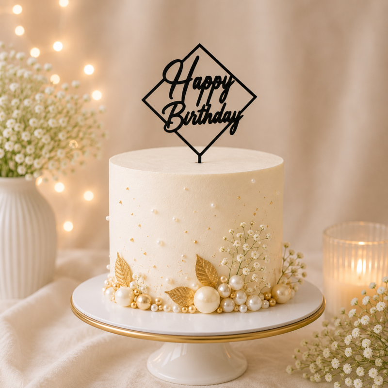 Happy Birthday toper za tortu u crnoj boji na elegantnoj rođendanskoj torti