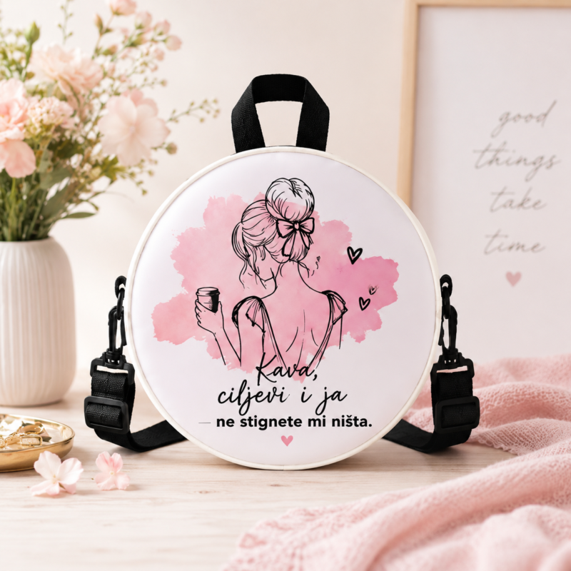 Personalizirana okrugla torbica s ilustracijom žene